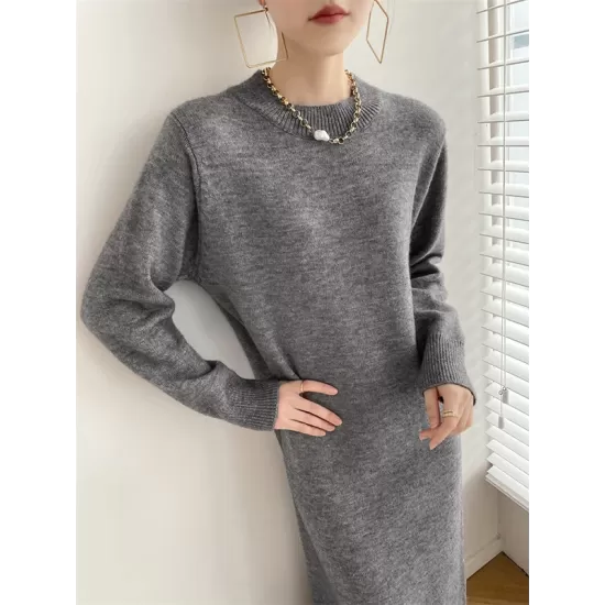 Urban Loose Long Sleeves Solid Color Round-Neck Sweater Dresses Urban Loose Long Sleeves Solid Color Round-Neck Sweater Dresses