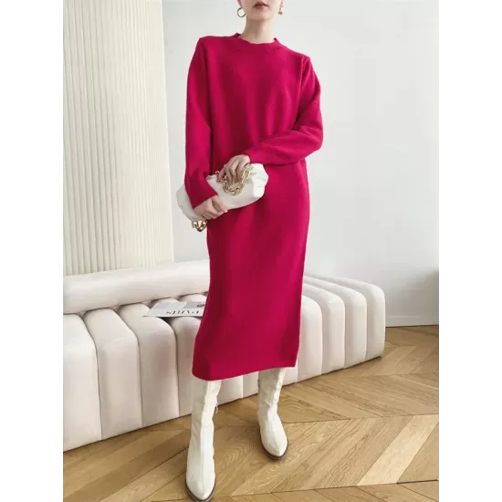 Urban Loose Long Sleeves Solid Color Round-Neck Sweater Dresses Urban Loose Long Sleeves Solid Color Round-Neck Sweater Dresses