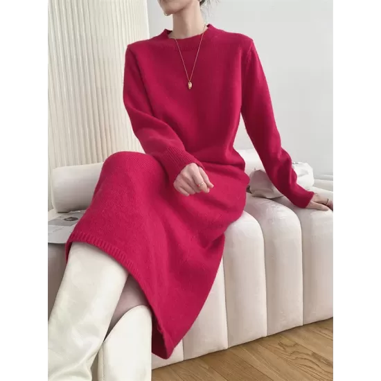 Urban Loose Long Sleeves Solid Color Round-Neck Sweater Dresses Urban Loose Long Sleeves Solid Color Round-Neck Sweater Dresses