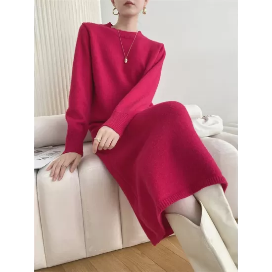 Urban Loose Long Sleeves Solid Color Round-Neck Sweater Dresses Urban Loose Long Sleeves Solid Color Round-Neck Sweater Dresses