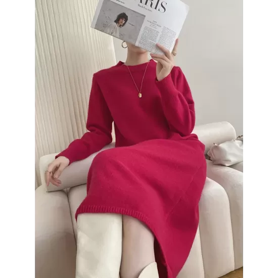 Urban Loose Long Sleeves Solid Color Round-Neck Sweater Dresses Urban Loose Long Sleeves Solid Color Round-Neck Sweater Dresses