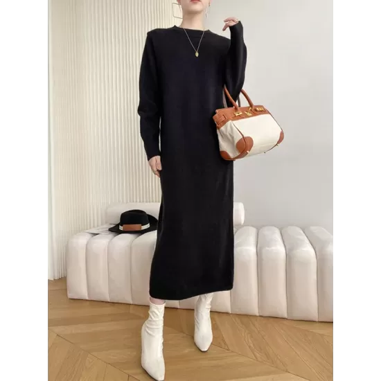 Urban Loose Long Sleeves Solid Color Round-Neck Sweater Dresses Urban Loose Long Sleeves Solid Color Round-Neck Sweater Dresses
