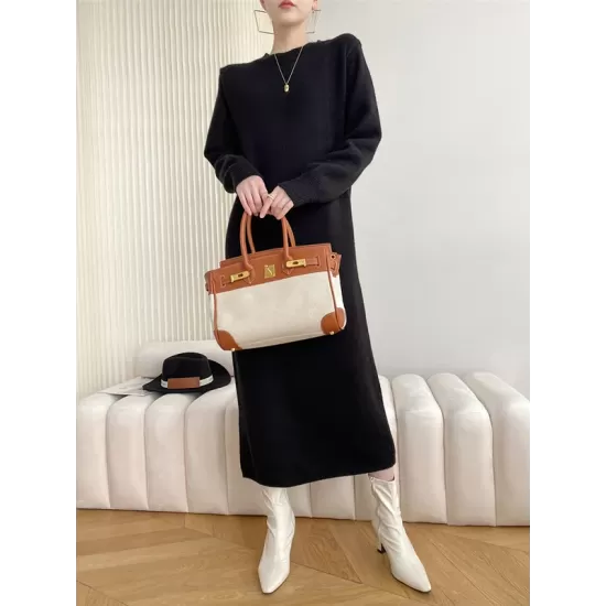 Urban Loose Long Sleeves Solid Color Round-Neck Sweater Dresses Urban Loose Long Sleeves Solid Color Round-Neck Sweater Dresses