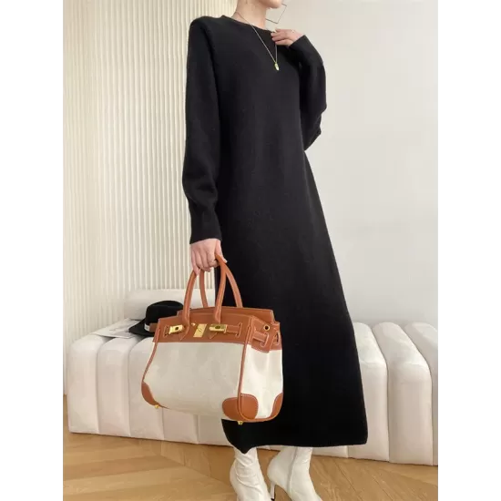 Urban Loose Long Sleeves Solid Color Round-Neck Sweater Dresses Urban Loose Long Sleeves Solid Color Round-Neck Sweater Dresses