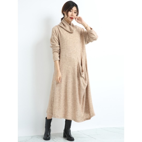 Casual Long Sleeves Loose Keep Warm Solid Color Heaps Collar Sweater Dresses Casual Long Sleeves Loose Keep Warm Solid Color Heaps Collar Sweater Dresses