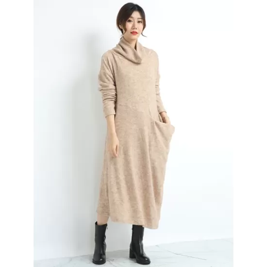 Casual Long Sleeves Loose Keep Warm Solid Color Heaps Collar Sweater Dresses Casual Long Sleeves Loose Keep Warm Solid Color Heaps Collar Sweater Dresses