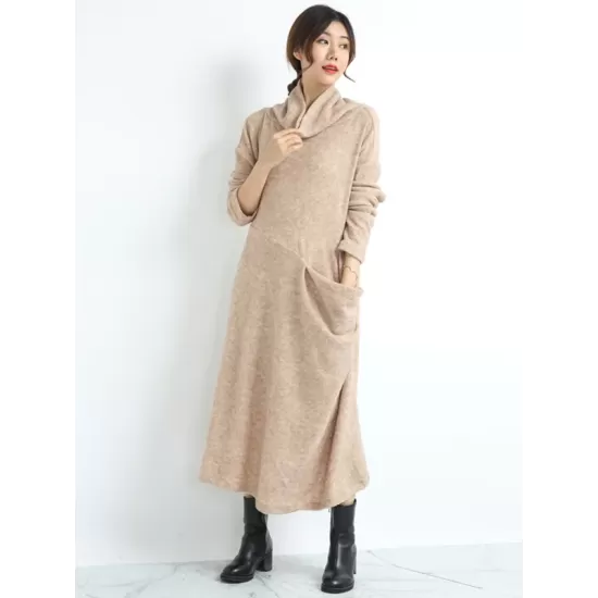 Casual Long Sleeves Loose Keep Warm Solid Color Heaps Collar Sweater Dresses Casual Long Sleeves Loose Keep Warm Solid Color Heaps Collar Sweater Dresses