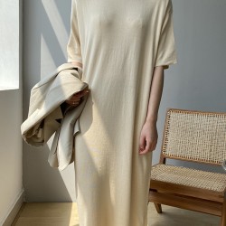 Solid Color Split-Joint Loose Short Sleeves Round-neck Sweater Dresses Midi Dresses