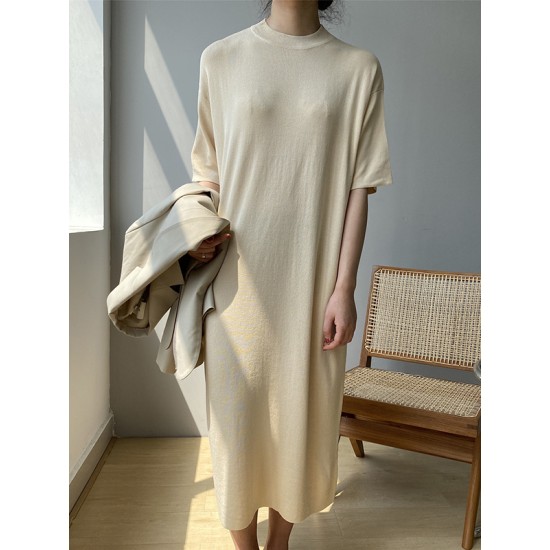 Solid Color Split-Joint Loose Short Sleeves Round-neck Sweater Dresses Midi Dresses Solid Color Split-Joint Loose Short Sleeves Round-neck Sweater Dresses Midi Dresses