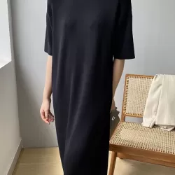Solid Color Split-Joint Loose Short Sleeves Round-neck Sweater Dresses Midi Dresses
