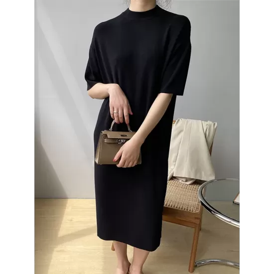 Solid Color Split-Joint Loose Short Sleeves Round-neck Sweater Dresses Midi Dresses Solid Color Split-Joint Loose Short Sleeves Round-neck Sweater Dresses Midi Dresses