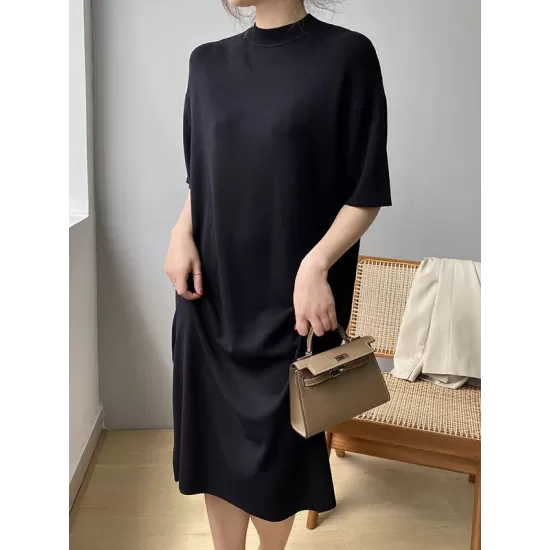 Solid Color Split-Joint Loose Short Sleeves Round-neck Sweater Dresses Midi Dresses Solid Color Split-Joint Loose Short Sleeves Round-neck Sweater Dresses Midi Dresses