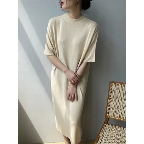Solid Color Split-Joint Loose Short Sleeves Round-neck Sweater Dresses Midi Dresses Solid Color Split-Joint Loose Short Sleeves Round-neck Sweater Dresses Midi Dresses