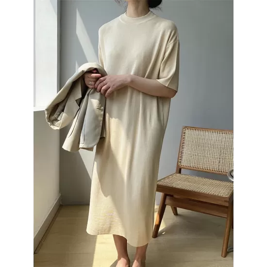 Solid Color Split-Joint Loose Short Sleeves Round-neck Sweater Dresses Midi Dresses Solid Color Split-Joint Loose Short Sleeves Round-neck Sweater Dresses Midi Dresses