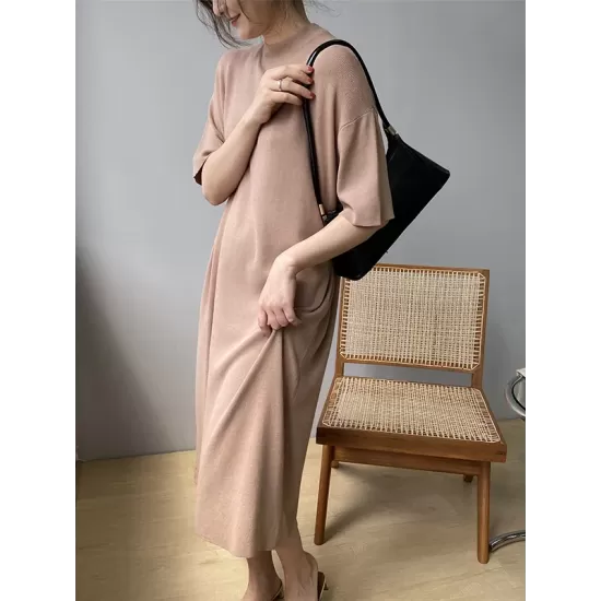 Solid Color Split-Joint Loose Short Sleeves Round-neck Sweater Dresses Midi Dresses Solid Color Split-Joint Loose Short Sleeves Round-neck Sweater Dresses Midi Dresses