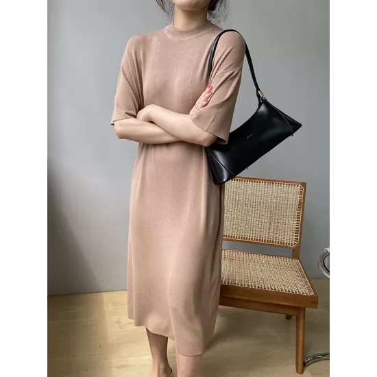 Solid Color Split-Joint Loose Short Sleeves Round-neck Sweater Dresses Midi Dresses Solid Color Split-Joint Loose Short Sleeves Round-neck Sweater Dresses Midi Dresses