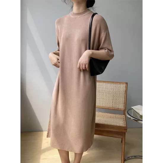Solid Color Split-Joint Loose Short Sleeves Round-neck Sweater Dresses Midi Dresses Solid Color Split-Joint Loose Short Sleeves Round-neck Sweater Dresses Midi Dresses