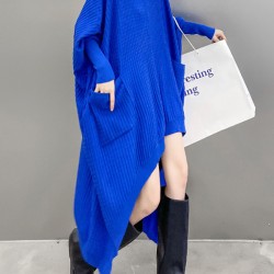 Batwing Sleeves High-Low Pockets Solid Color High-Neck Midi Dresses Sweater Dresses