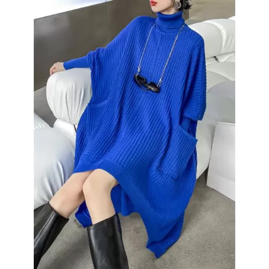 Batwing Sleeves High-Low Pockets Solid Color High-Neck Midi Dresses Sweater Dresses Batwing Sleeves High-Low Pockets Solid Color High-Neck Midi Dresses Sweater Dresses