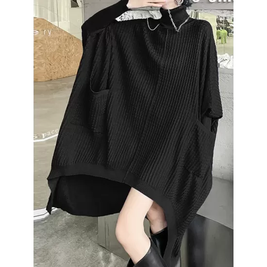 Batwing Sleeves High-Low Pockets Solid Color High-Neck Midi Dresses Sweater Dresses Batwing Sleeves High-Low Pockets Solid Color High-Neck Midi Dresses Sweater Dresses