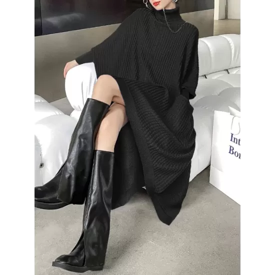 Batwing Sleeves High-Low Pockets Solid Color High-Neck Midi Dresses Sweater Dresses Batwing Sleeves High-Low Pockets Solid Color High-Neck Midi Dresses Sweater Dresses