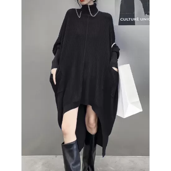 Batwing Sleeves High-Low Pockets Solid Color High-Neck Midi Dresses Sweater Dresses Batwing Sleeves High-Low Pockets Solid Color High-Neck Midi Dresses Sweater Dresses