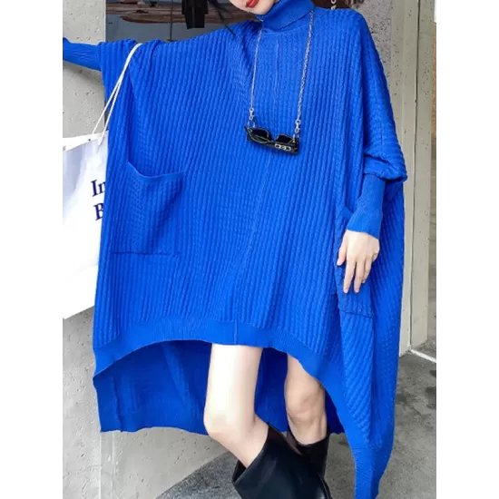 Batwing Sleeves High-Low Pockets Solid Color High-Neck Midi Dresses Sweater Dresses Batwing Sleeves High-Low Pockets Solid Color High-Neck Midi Dresses Sweater Dresses