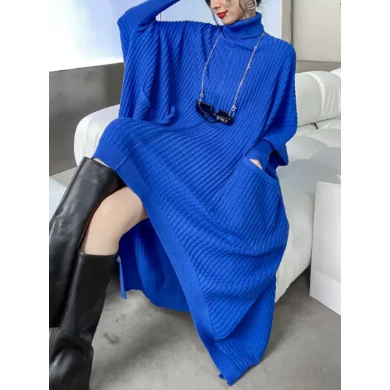 Batwing Sleeves High-Low Pockets Solid Color High-Neck Midi Dresses Sweater Dresses Batwing Sleeves High-Low Pockets Solid Color High-Neck Midi Dresses Sweater Dresses