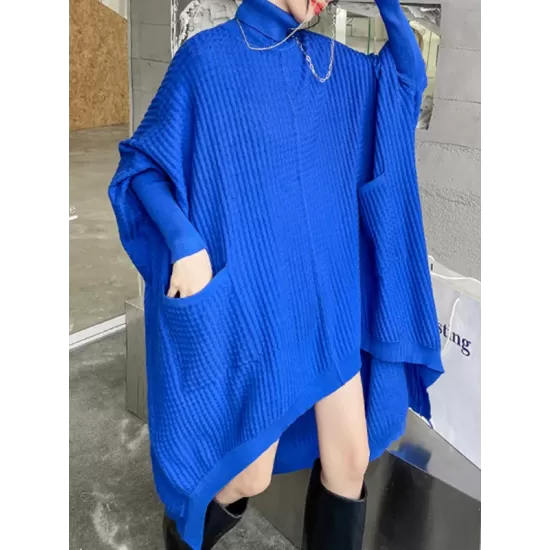 Batwing Sleeves High-Low Pockets Solid Color High-Neck Midi Dresses Sweater Dresses Batwing Sleeves High-Low Pockets Solid Color High-Neck Midi Dresses Sweater Dresses