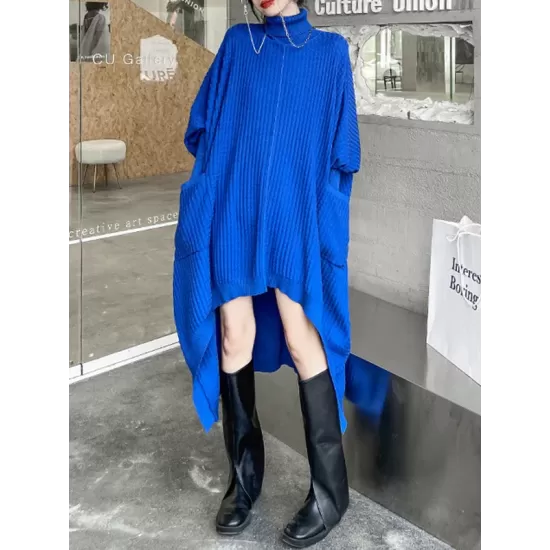Batwing Sleeves High-Low Pockets Solid Color High-Neck Midi Dresses Sweater Dresses Batwing Sleeves High-Low Pockets Solid Color High-Neck Midi Dresses Sweater Dresses