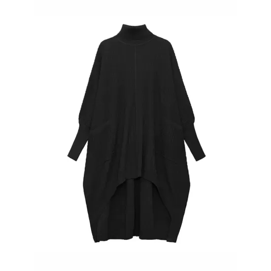 Batwing Sleeves High-Low Pockets Solid Color High-Neck Midi Dresses Sweater Dresses Batwing Sleeves High-Low Pockets Solid Color High-Neck Midi Dresses Sweater Dresses