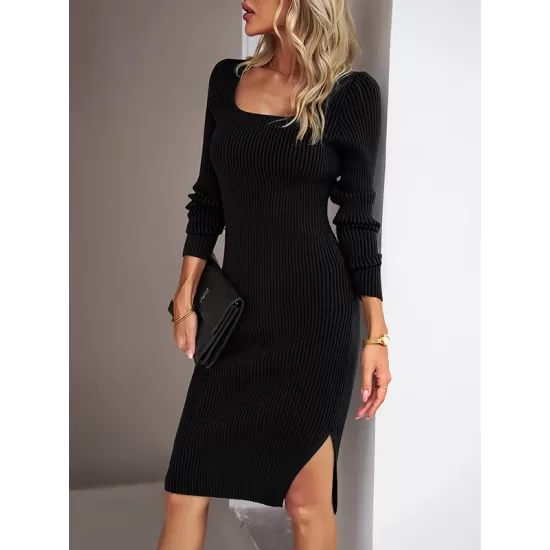 Solid Color Split-Side Long Sleeves Skinny Square-Neck Sweater Dresses Solid Color Split-Side Long Sleeves Skinny Square-Neck Sweater Dresses