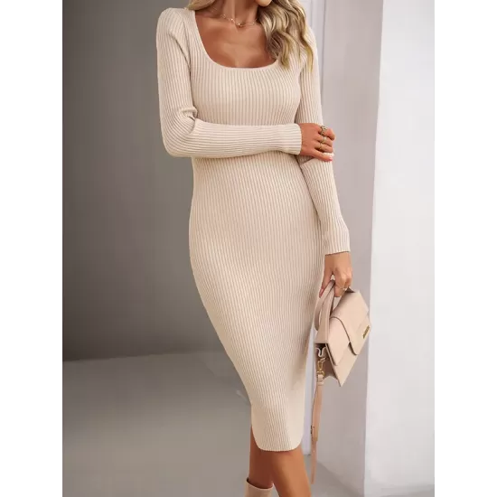 Solid Color Split-Side Long Sleeves Skinny Square-Neck Sweater Dresses Solid Color Split-Side Long Sleeves Skinny Square-Neck Sweater Dresses
