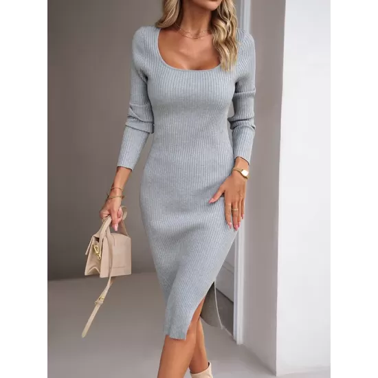 Solid Color Split-Side Long Sleeves Skinny Square-Neck Sweater Dresses Solid Color Split-Side Long Sleeves Skinny Square-Neck Sweater Dresses