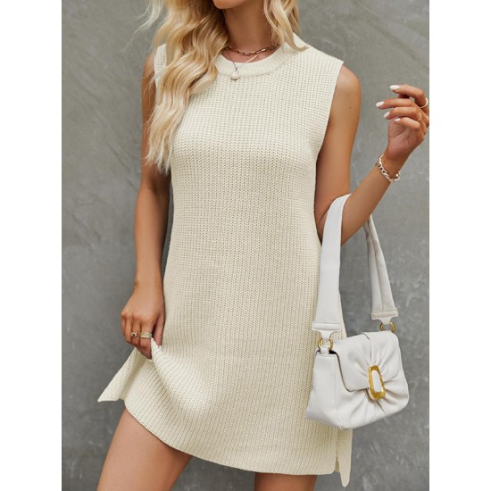 Solid Color Split-Joint Tied Waist Loose Sleeveless Round-Neck Sweater Dresses Mini Dresses Solid Color Split-Joint Tied Waist Loose Sleeveless Round-Neck Sweater Dresses Mini Dresses