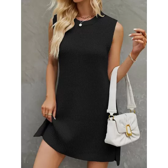 Solid Color Split-Joint Tied Waist Loose Sleeveless Round-Neck Sweater Dresses Mini Dresses Solid Color Split-Joint Tied Waist Loose Sleeveless Round-Neck Sweater Dresses Mini Dresses
