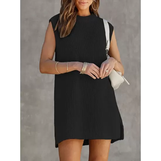 Solid Color Split-Joint Tied Waist Loose Sleeveless Round-Neck Sweater Dresses Mini Dresses Solid Color Split-Joint Tied Waist Loose Sleeveless Round-Neck Sweater Dresses Mini Dresses