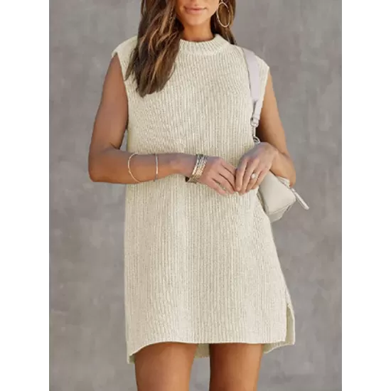 Solid Color Split-Joint Tied Waist Loose Sleeveless Round-Neck Sweater Dresses Mini Dresses Solid Color Split-Joint Tied Waist Loose Sleeveless Round-Neck Sweater Dresses Mini Dresses
