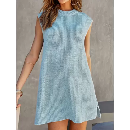 Solid Color Split-Joint Tied Waist Loose Sleeveless Round-Neck Sweater Dresses Mini Dresses Solid Color Split-Joint Tied Waist Loose Sleeveless Round-Neck Sweater Dresses Mini Dresses