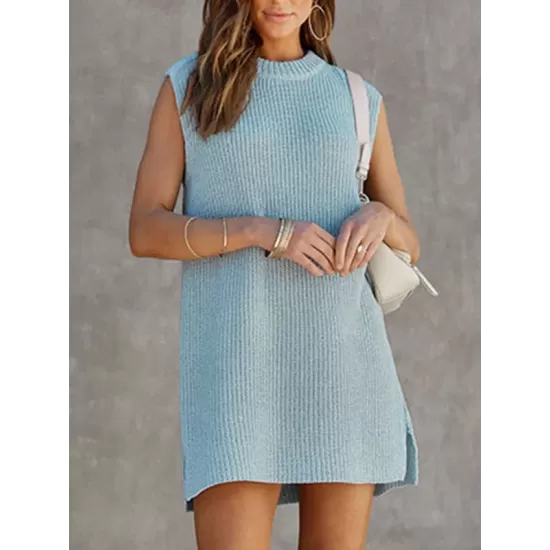 Solid Color Split-Joint Tied Waist Loose Sleeveless Round-Neck Sweater Dresses Mini Dresses Solid Color Split-Joint Tied Waist Loose Sleeveless Round-Neck Sweater Dresses Mini Dresses