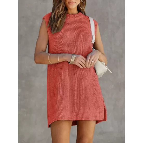 Solid Color Split-Joint Tied Waist Loose Sleeveless Round-Neck Sweater Dresses Mini Dresses Solid Color Split-Joint Tied Waist Loose Sleeveless Round-Neck Sweater Dresses Mini Dresses
