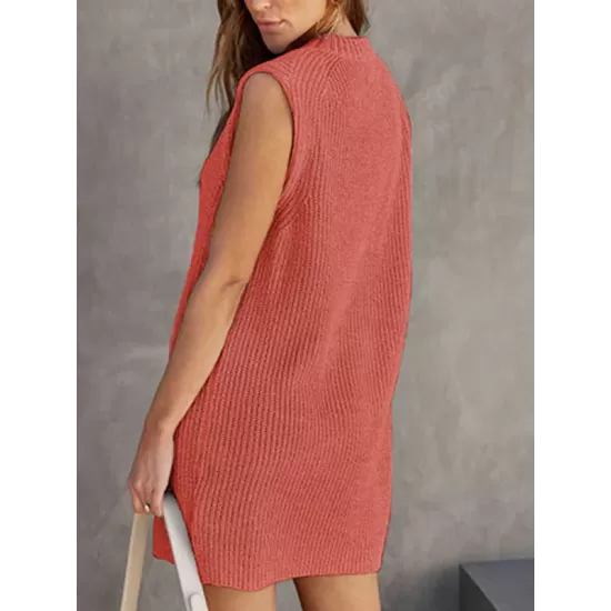 Solid Color Split-Joint Tied Waist Loose Sleeveless Round-Neck Sweater Dresses Mini Dresses Solid Color Split-Joint Tied Waist Loose Sleeveless Round-Neck Sweater Dresses Mini Dresses