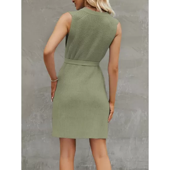 Solid Color Split-Joint Tied Waist Loose Sleeveless Round-Neck Sweater Dresses Mini Dresses Solid Color Split-Joint Tied Waist Loose Sleeveless Round-Neck Sweater Dresses Mini Dresses