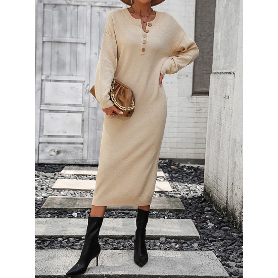 Buttoned Split-Joint Long Sleeves Loose Round-Neck Sweater Dresses Midi Dresses Buttoned Split-Joint Long Sleeves Loose Round-Neck Sweater Dresses Midi Dresses