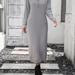 Buttoned Split-Joint Long Sleeves Loose Round-Neck Sweater Dresses Midi Dresses