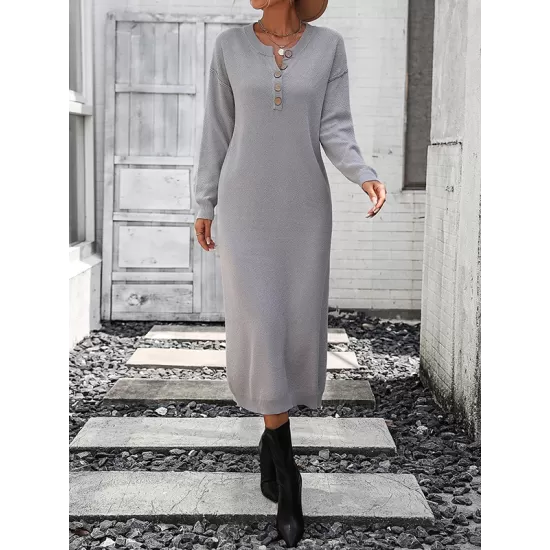 Buttoned Split-Joint Long Sleeves Loose Round-Neck Sweater Dresses Midi Dresses Buttoned Split-Joint Long Sleeves Loose Round-Neck Sweater Dresses Midi Dresses