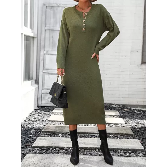 Buttoned Split-Joint Long Sleeves Loose Round-Neck Sweater Dresses Midi Dresses Buttoned Split-Joint Long Sleeves Loose Round-Neck Sweater Dresses Midi Dresses