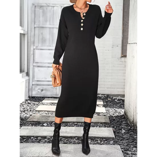 Buttoned Split-Joint Long Sleeves Loose Round-Neck Sweater Dresses Midi Dresses Buttoned Split-Joint Long Sleeves Loose Round-Neck Sweater Dresses Midi Dresses