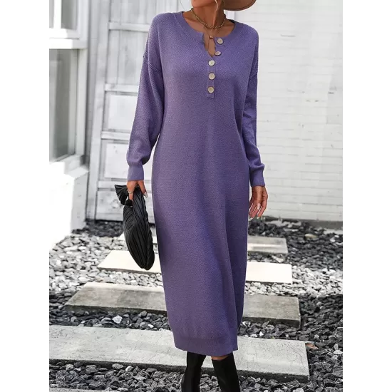 Buttoned Split-Joint Long Sleeves Loose Round-Neck Sweater Dresses Midi Dresses Buttoned Split-Joint Long Sleeves Loose Round-Neck Sweater Dresses Midi Dresses