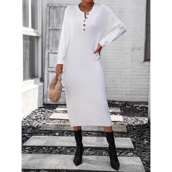 Buttoned Split-Joint Long Sleeves Loose Round-Neck Sweater Dresses Midi Dresses Buttoned Split-Joint Long Sleeves Loose Round-Neck Sweater Dresses Midi Dresses